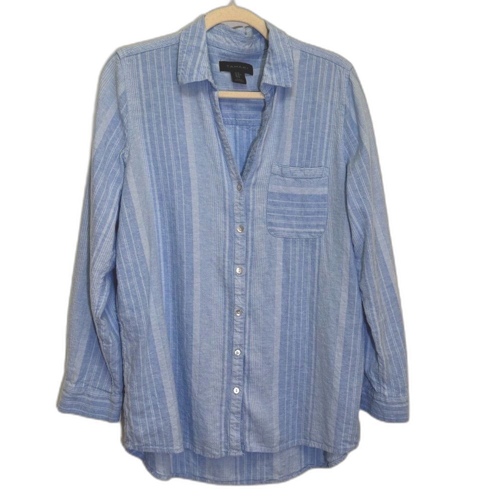 Tahari - Round Hem Shirt Dress Adjustable Sleeves Blue Stripes - size M